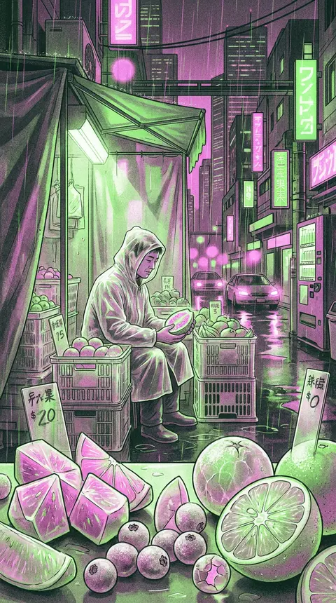 方形构图，静谧而私密的雨夜霓虹巨型都市一隅，潮湿街市在酸性荧光绿与洋红双色错位印刷效果中展开，仿佛一张高对比 risograph 双色版画海报；画面主角是一位果 - AI生成图片 1