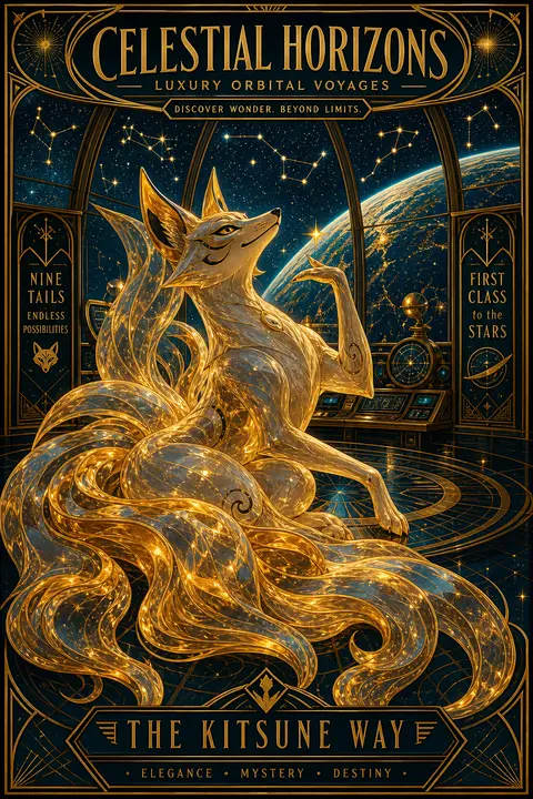Whimsical art deco travel poster of a mythical nine-tailed fox spirit lounging i - AI生成图片 1