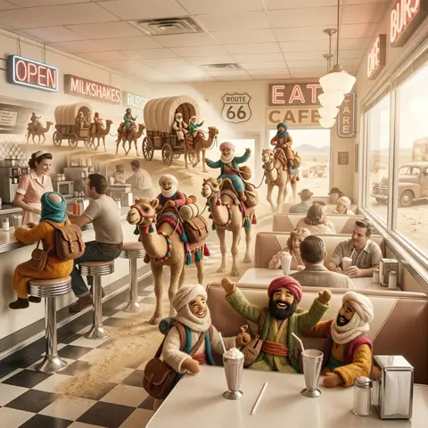 Double-exposure photography of a jubilant desert nomad caravan transformed into - AI生成图片 1