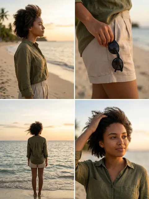 Ultra-realistic DSLR cinematic beach photoshoot collage featuring the same young - AI生成图片 3