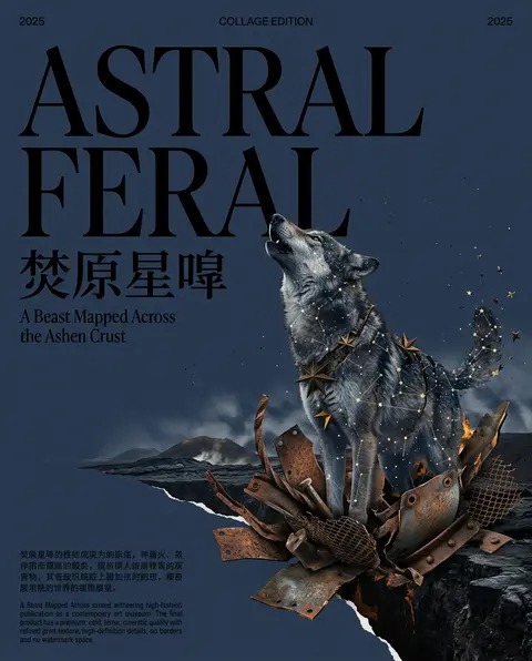 竖版艺术展海报，超大面积留白但不是纯白而是带轻微灰烬颗粒的午夜海军蓝雾面底，右侧与下半部主体为一匹由星群、星图连线与微弱天体尘埃构成的狼，正从焦黑熔岩裂谷边缘抬 - AI生成图片 3