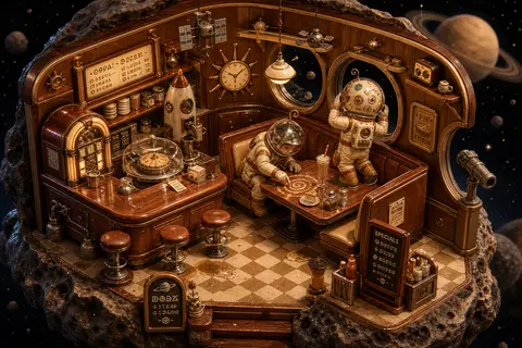 isometric miniature scene of twin astronaut explorers sharing a booth inside a w - AI生成图片 2