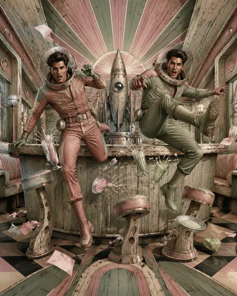 Two twin astronaut explorers in sharply tailored, dusty-rose and sage flight ens - AI生成图片 2