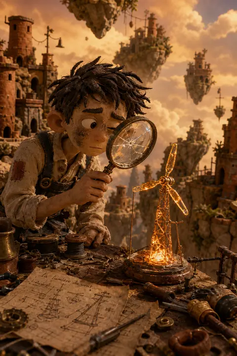 A wistful claymation stop-motion scene of a young tinkering inventor perched on - AI生成图片 1
