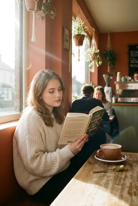 Warm cozy lifestyle photograph of a young woman with soft natural makeup reading - AI生成图片 3