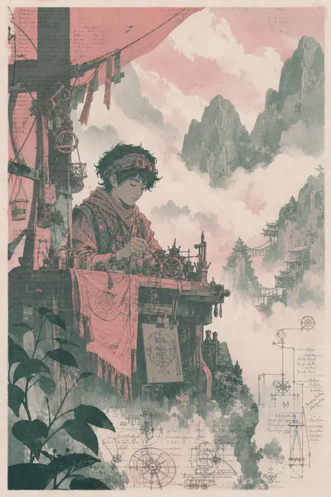 young tinkering inventor in a fog-shrouded mountain pass, woven silk tools and i - AI生成图片 3