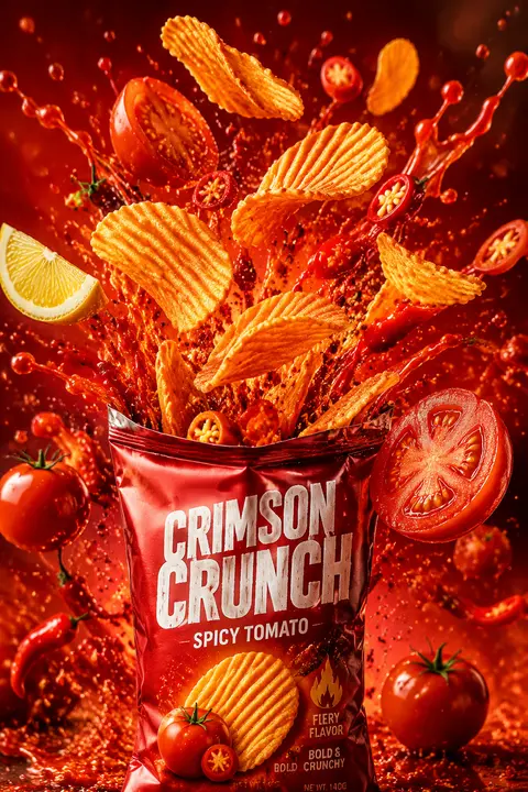 一张高冲击力的商业食品广告摄影图：`Crimson Crunch` 香辣番茄波纹薯片包装袋置于画面下方中央，鲜艳炽红的袋身在镜头前形成强烈视觉锚点，袋口被利落撕 - AI生成图片 4
