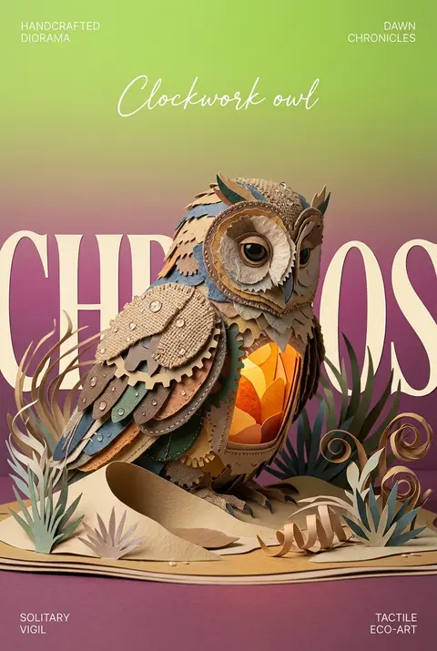 A vertically composed layered papercut diorama of a solitary clockwork owl resti - AI生成图片 1