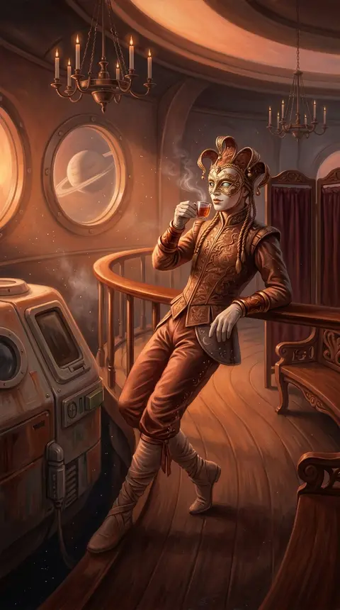 A masked carnival acrobat drifts beside a moored maintenance pod inside a hushed - AI生成图片 3