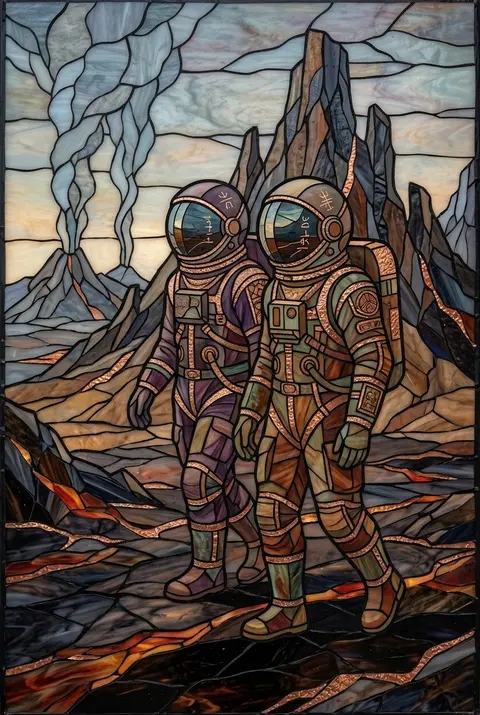 twin astronaut explorers traversing a volcanic wasteland, mirrored figures with - AI生成图片 4