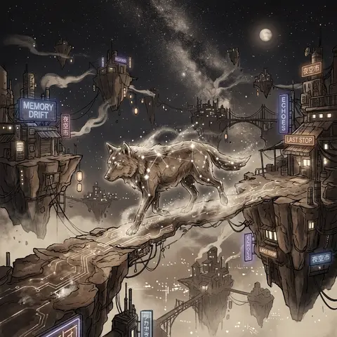 A melancholic cyberpunk neon illustration on floating sky islands, with a wolf f - AI生成图片 2