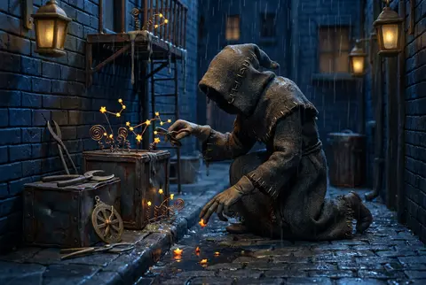 Claymation stop-motion scene of a celestial gardener in a rain-lashed back alley - AI生成图片 3