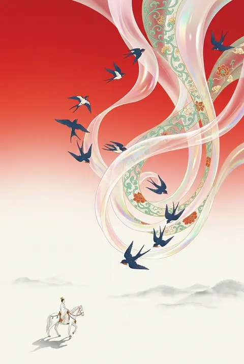 9:16 竖版，新中式东方美学极简插画，敦煌壁画与现代国潮视觉融合，东方古典丝路意境海报。画面以高饱和朱砂红、赤红渐变背景为主，上半部与左侧保留大面积纯净留白， - AI生成图片 1
