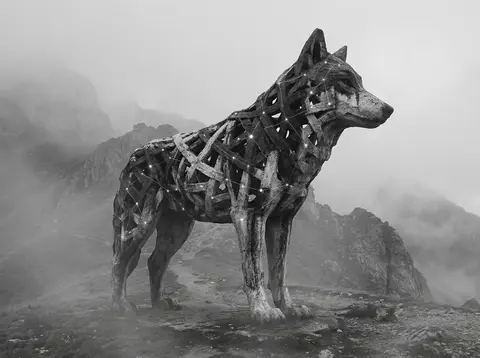 A melancholic woven-silk wolf formed from constellations, standing alone in a fo - AI生成图片 1
