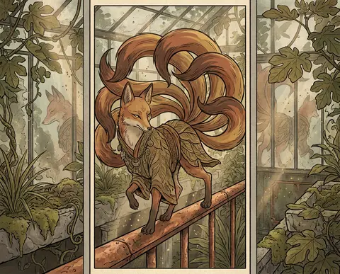 mythical nine-tailed fox spirit poised atop a hammered copper watering rail insi - AI生成图片 2