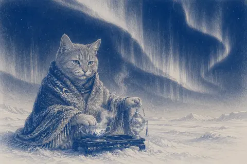 A quiet tea-house cat wrapped in a woven silk shoulder mantle, seated beside a t - AI生成图片 4
