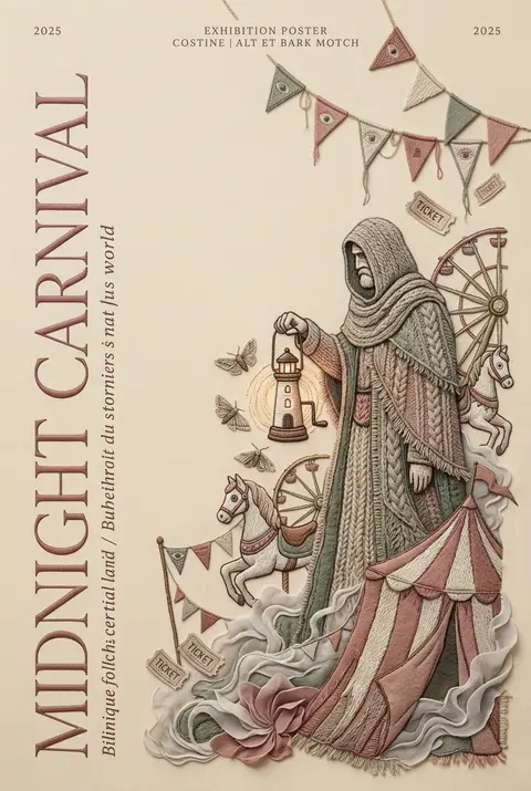 Vertical exhibition poster, midnight carnival stitched entirely as embroidered t - AI生成图片 4
