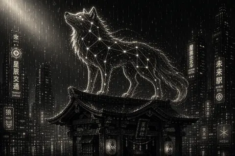 a wolf made of constellations standing atop a lacquered wood transit shrine in a - AI生成图片 2