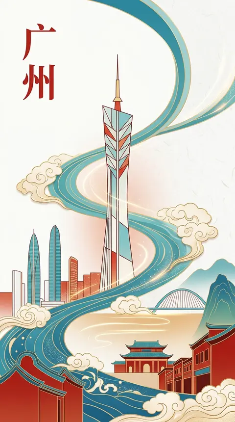 新中式极简高级城市海报，9:16竖版构图，以广州都市气韵为核心主题。画面中心塑造一座抽象几何化的“穗影天塔”，以极简线面结构提炼城市地标神韵，造型简洁克制却极具 - AI生成图片 1