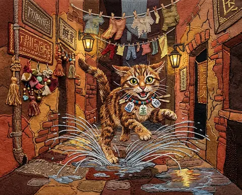 a nimble tea-house cat skidding through a rain-soaked back alley, tail whipping - AI生成图片 3
