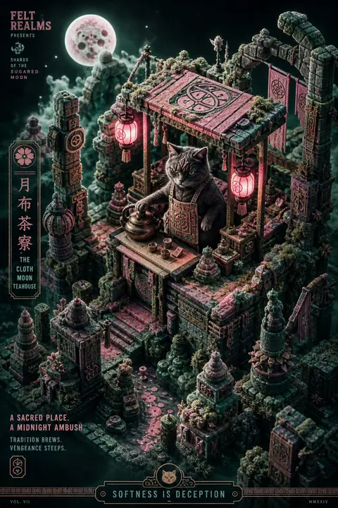 An isometric miniature diorama of a vigilant tea-house cat perched atop soft fel - AI生成图片 2