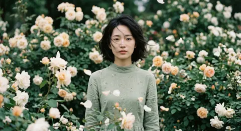 一幅电影感、梦幻写实的人像摄影作品：年轻东亚女性“林夏澜”伫立在盛放的玫瑰花园中，半身近景肖像，居中构图，直视镜头，神情安静克制，带着一丝若有若无的忧郁。她五官 - AI生成图片 2