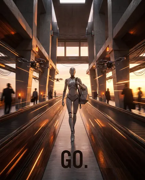 A kinetic editorial scene of a robotic ballet dancer striding with explosive con - AI生成图片 1