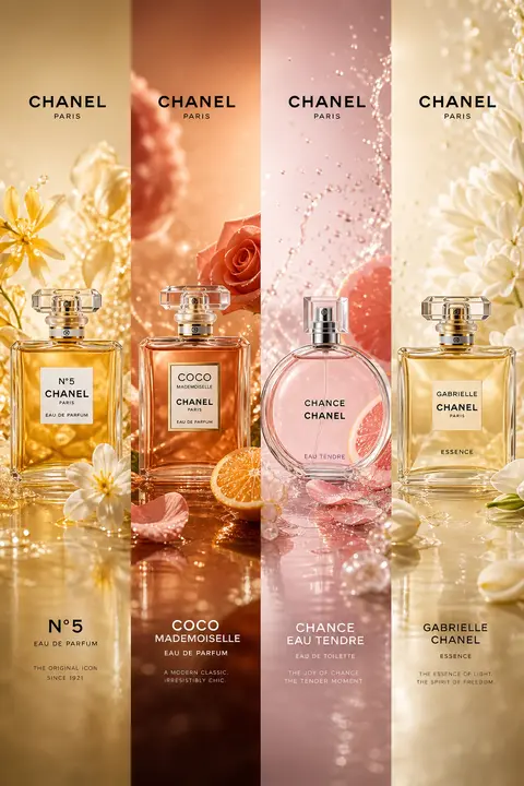 Create an ultra-premium horizontal 4-panel Chanel perfume campaign poster with a - AI生成图片 2