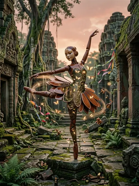 A robotic ballet dancer with articulated lacquered-wood limbs pirouettes across - AI生成图片 3