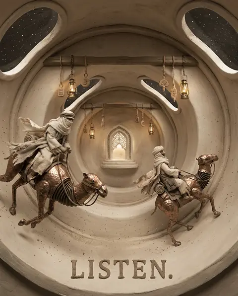 Premium editorial cover, a drifting desert nomad caravan winding through the hol - AI生成图片 2