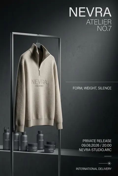 一张奢雅克制的当代服饰品牌宣传海报，竖版画幅，4:6比例，偏静物陈列摄影风格；空间设定在冷调展厅内，背景是一面带细微水泥颗粒与岁月擦痕的烟煤色墙体，整体气质安静 - AI生成图片 1