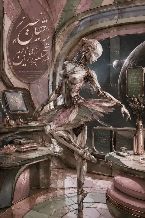 A solitary robotic ballet dancer pauses mid-rehearsal inside a hushed orbital st - AI生成图片 3