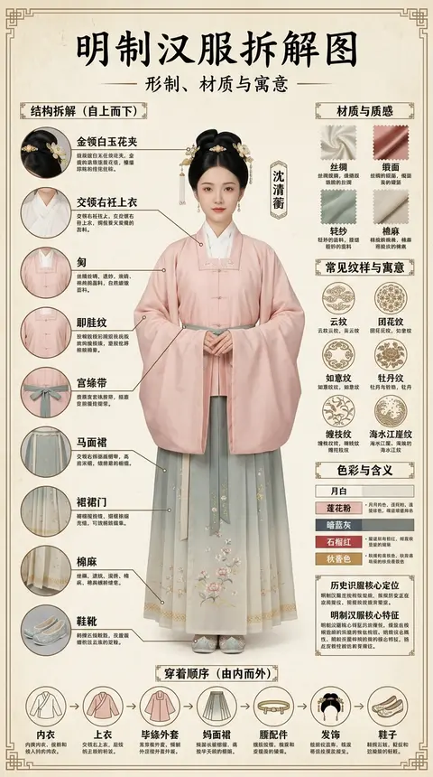 一张超高细节的中文古风服饰科普信息图海报，主题为“明制汉服拆解图”，竖版对称构图，米白色旧纸背景，带轻微做旧纹理与宣纸纤维质感，整体色调温柔淡雅，以月白、藕粉、 - AI生成图片 1
