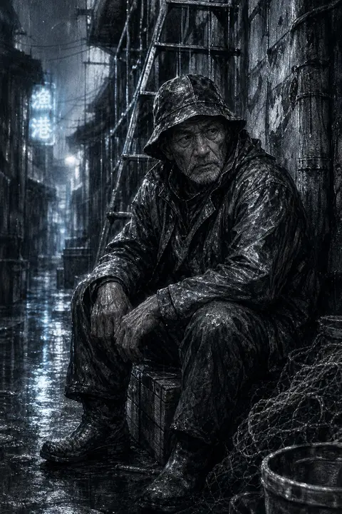 一名满脸风霜的老渔夫蜷坐在狭窄后巷尽头的破旧木箱上，雨水顺着墙面铁梯不断滴落，脚边积水映出碎裂霓虹的冷光；湿黏如陶土般的外套与双手带着沉重水分感，指节粗粝，帽檐 - AI生成图片 2
