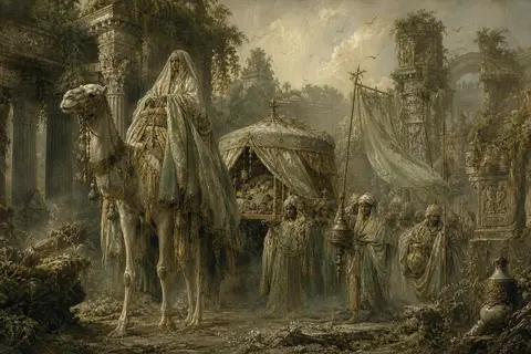 A vertical baroque oil painting of a desert nomad caravan pausing within ancient - AI生成图片 1