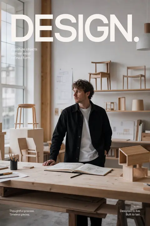 Premium editorial campaign. Main Subject: Young furniture designer inside a Scan - AI生成图片 3