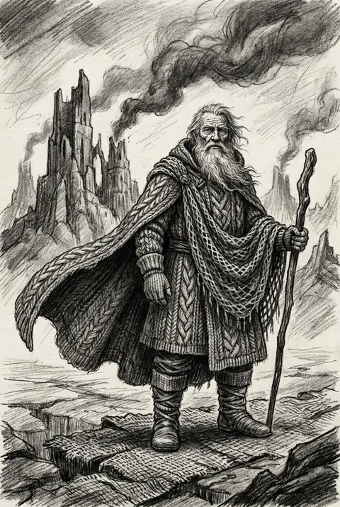 A monumental charcoal-sketch tableau of an elderly fisherman standing full-lengt - AI生成图片 4