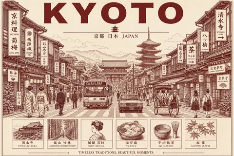 一张复古旅行海报风的京都主题插画，竖版构图，米白色纸张背景，整体采用单色酒红/棕红色线稿印刷效果，极细致的建筑描线与城市街景插画，带有老式旅游宣传画与日本观光纪 - AI生成图片 1