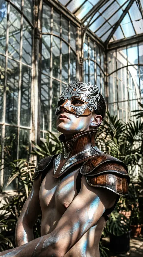 Vertical close-up portrait of a masked carnival acrobat poised inside a radiant - AI生成图片 2