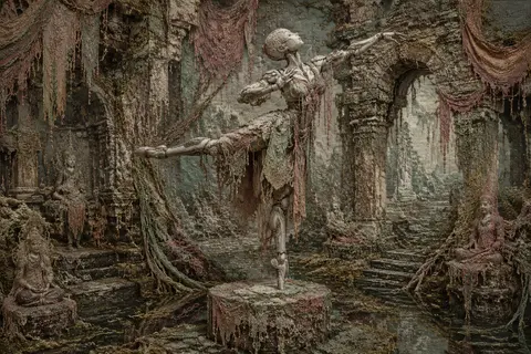 A lone robotic ballet dancer poised within ancient temple ruins swallowed by mos - AI生成图片 2