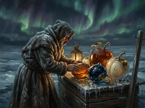 Baroque oil painting of a market fruit vendor on a frozen tundra beneath ripplin - AI生成图片 3