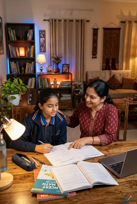 A warm, well-lit Indian living room. A mother sitting beside her child (Class 8- - AI生成图片 1