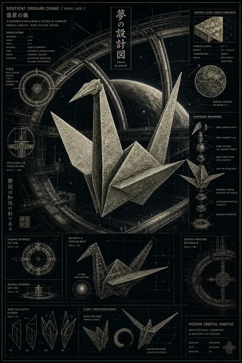 A dreamlike blueprint schematic of a sentient origami paper crane poised in stil - AI生成图片 2