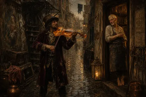 Across a narrow cobbled service lane shimmering with fresh rain, a weathered vio - AI生成图片 1