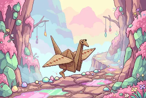 A playful whimsical 16-bit pixel art scene of a living origami paper crane with - AI生成图片 4