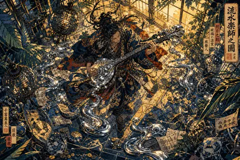 A kinetic ukiyo-e woodblock vision of a wandering street musician inside a blazi - AI生成图片 2