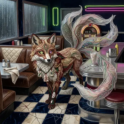 A mythical nine-tailed fox spirit sits alone in the back booth of a 1950s retro - AI生成图片 1