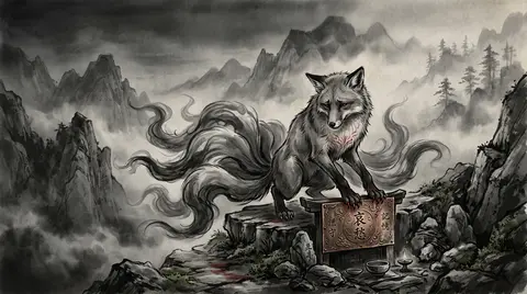 A melancholic fox deity with nine smoke-like tails, rendered in traditional ink - AI生成图片 4