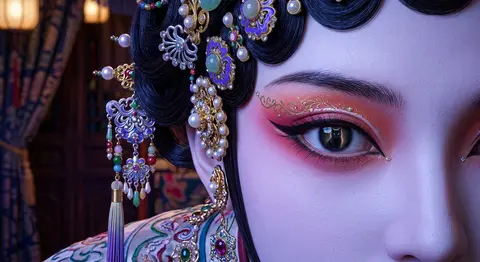 国风戏曲旦角美人系列｜极近景半脸单眼特写 把米哈游角色、西游记角色与历史人物，重塑成冷艳神秘的东方戏曲美人。 红粉橘戏曲眼妆、冷白瓷肌、蓝紫冷光、华丽珠玉 - AI生成图片 1