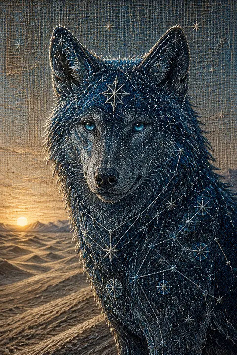 An intimate close-up of a wolf formed from constellations, stitched in embroider - AI生成图片 4